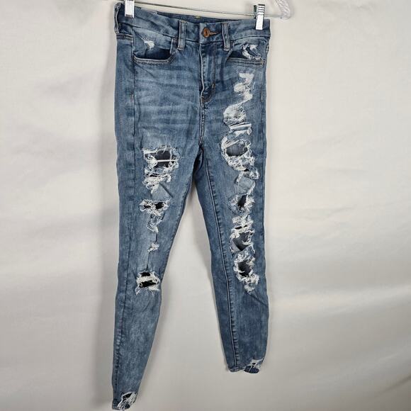 American Eagle Jeggings Women's 2 Regular Blue Next Level Stretch Distressed - Picture 13 of 16